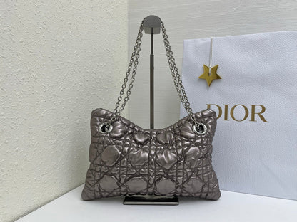 CD Small Cannage Quilted Tote Bag Silver Metallic Cowhide 158105