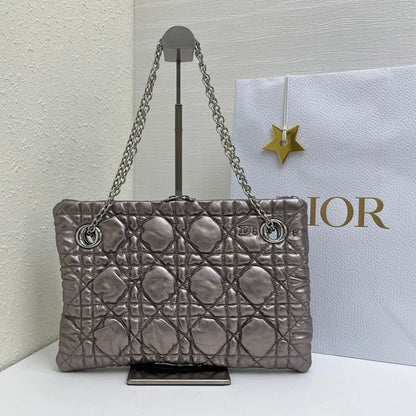 CD Small Cannage Quilted Tote Bag Silver Metallic Cowhide 158105
