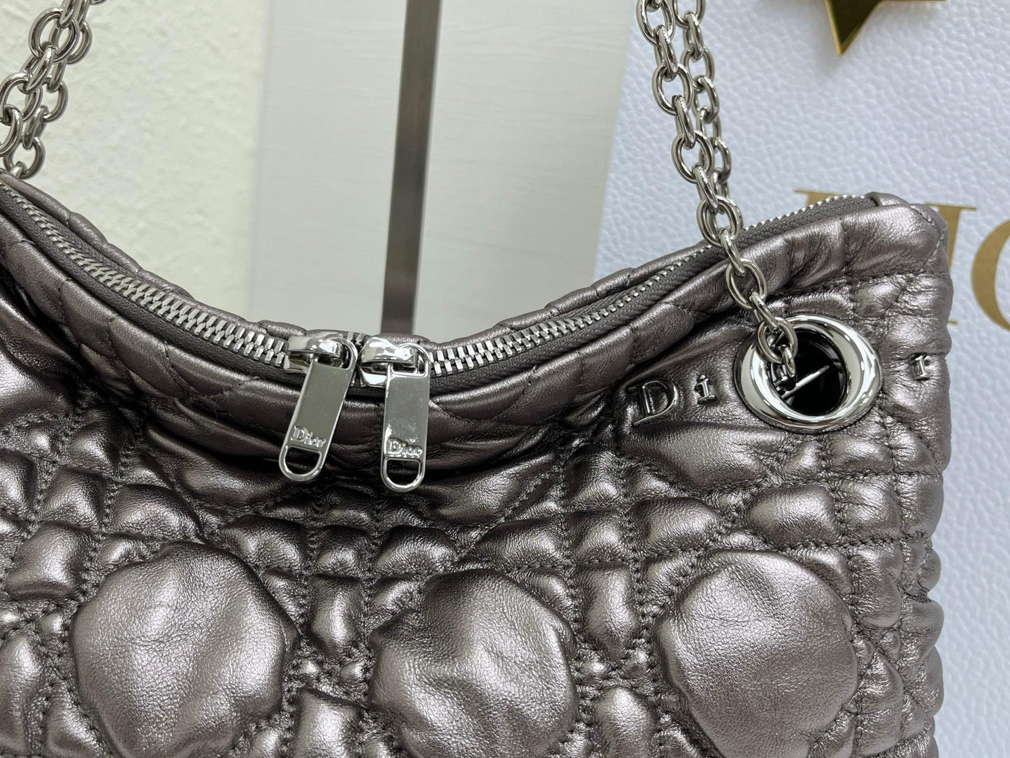 CD Small Cannage Quilted Tote Bag Silver Metallic Cowhide 158105