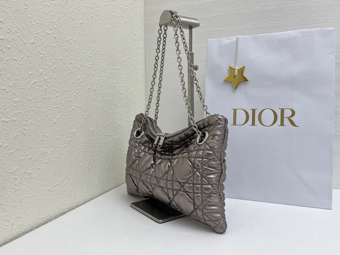 CD Small Cannage Quilted Tote Bag Silver Metallic Cowhide 158105