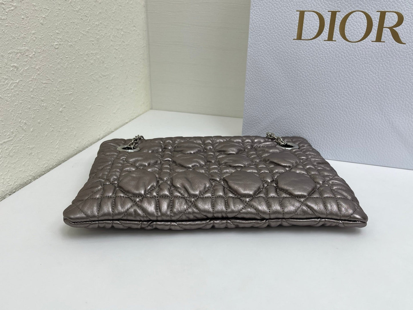 CD Small Cannage Quilted Tote Bag Silver Metallic Cowhide 158105
