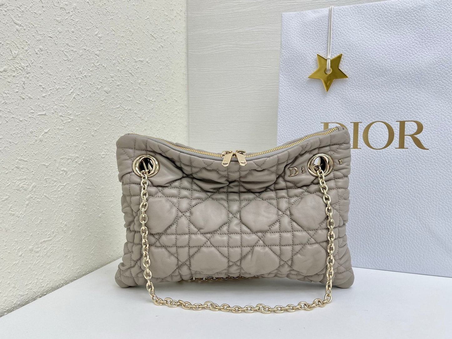 CD Small Cannage Quilted Tote Bag Light Taupe Cowhide 158104