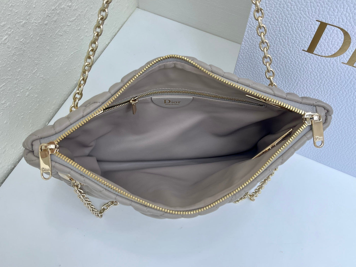 CD Small Cannage Quilted Tote Bag Light Taupe Cowhide 158104