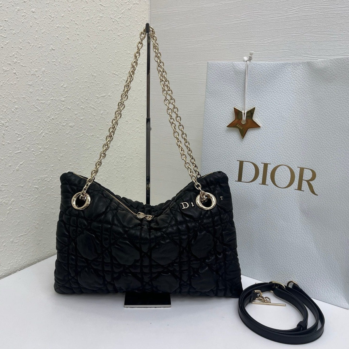 CD Small Cannage Quilted Tote Bag Black Cowhide 158103