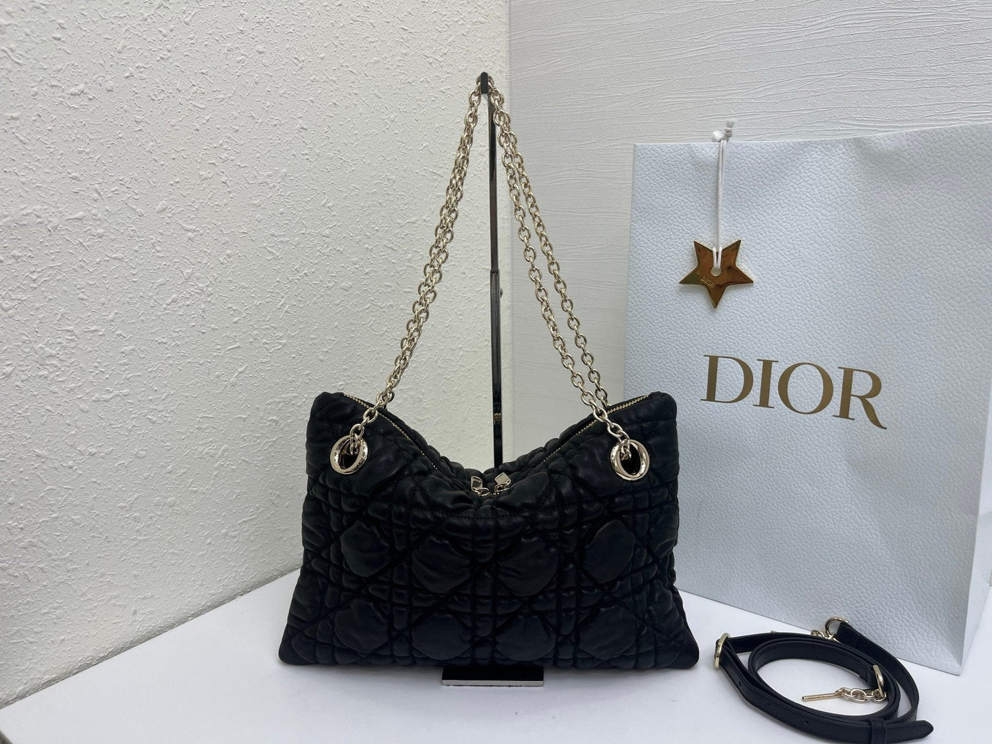 CD Small Cannage Quilted Tote Bag Black Cowhide 158103