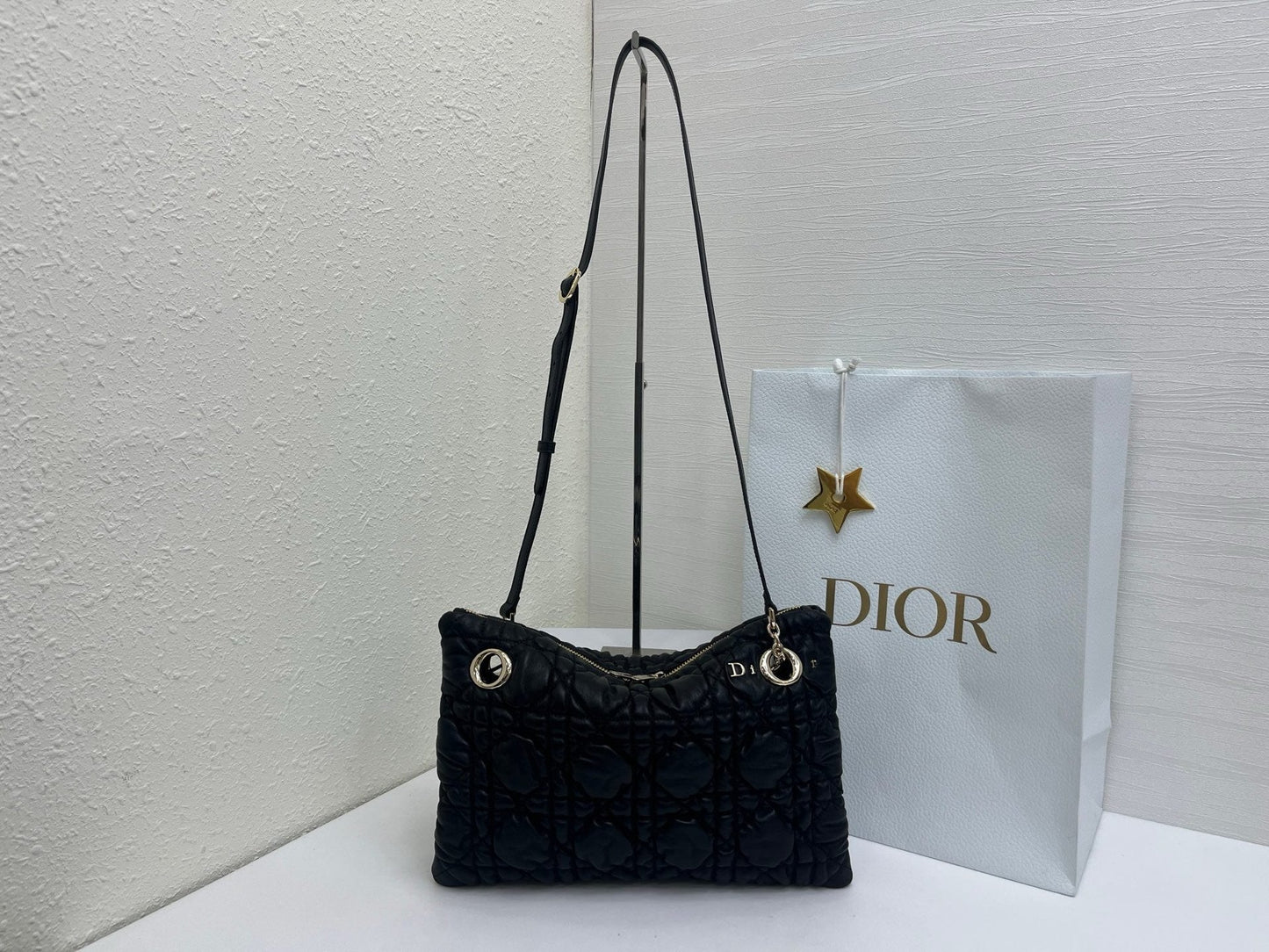 CD Small Cannage Quilted Tote Bag Black Cowhide 158103