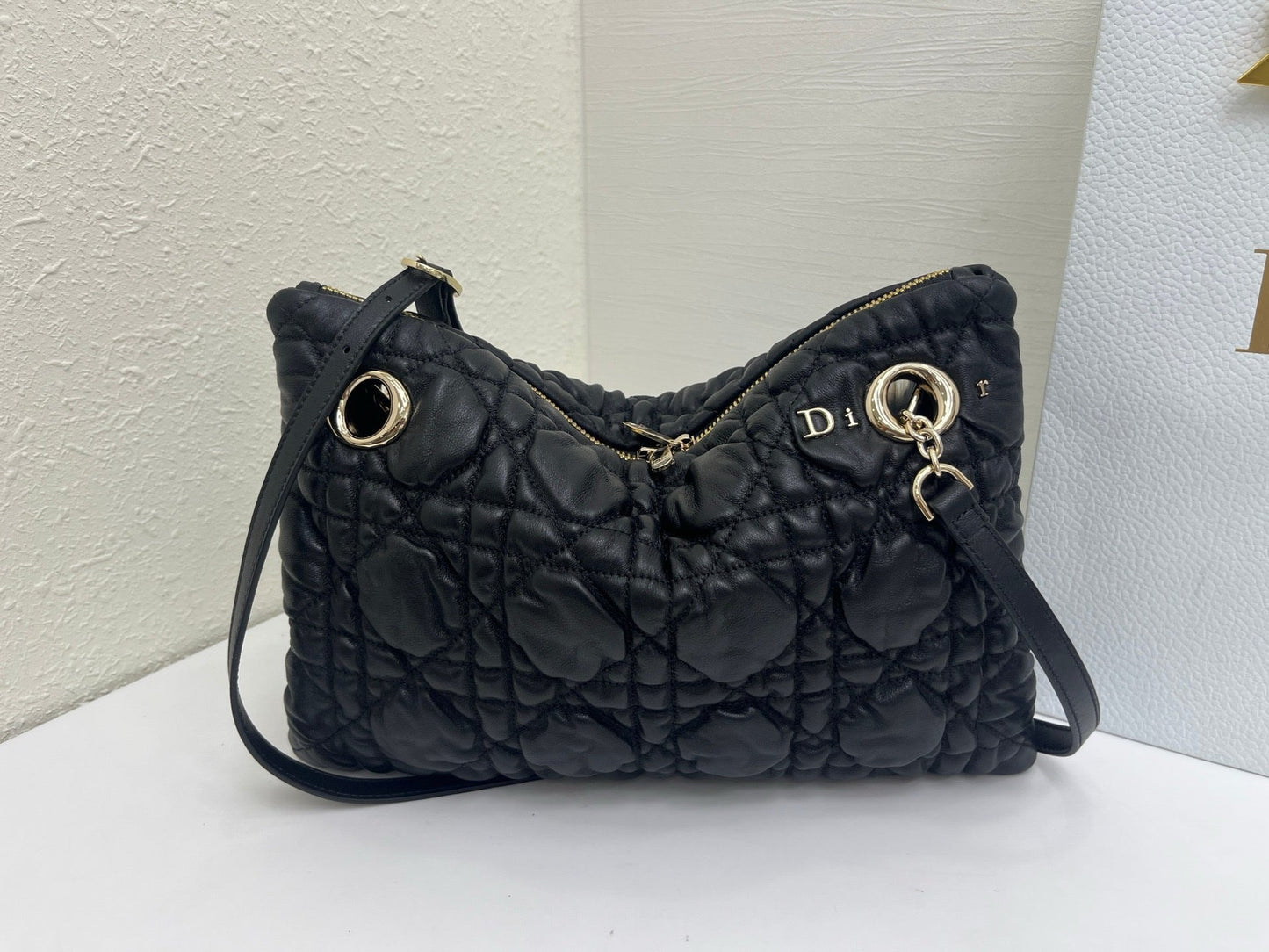 CD Small Cannage Quilted Tote Bag Black Cowhide 158103