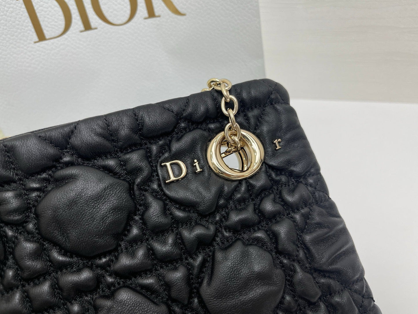 CD Small Cannage Quilted Tote Bag Black Cowhide 158103