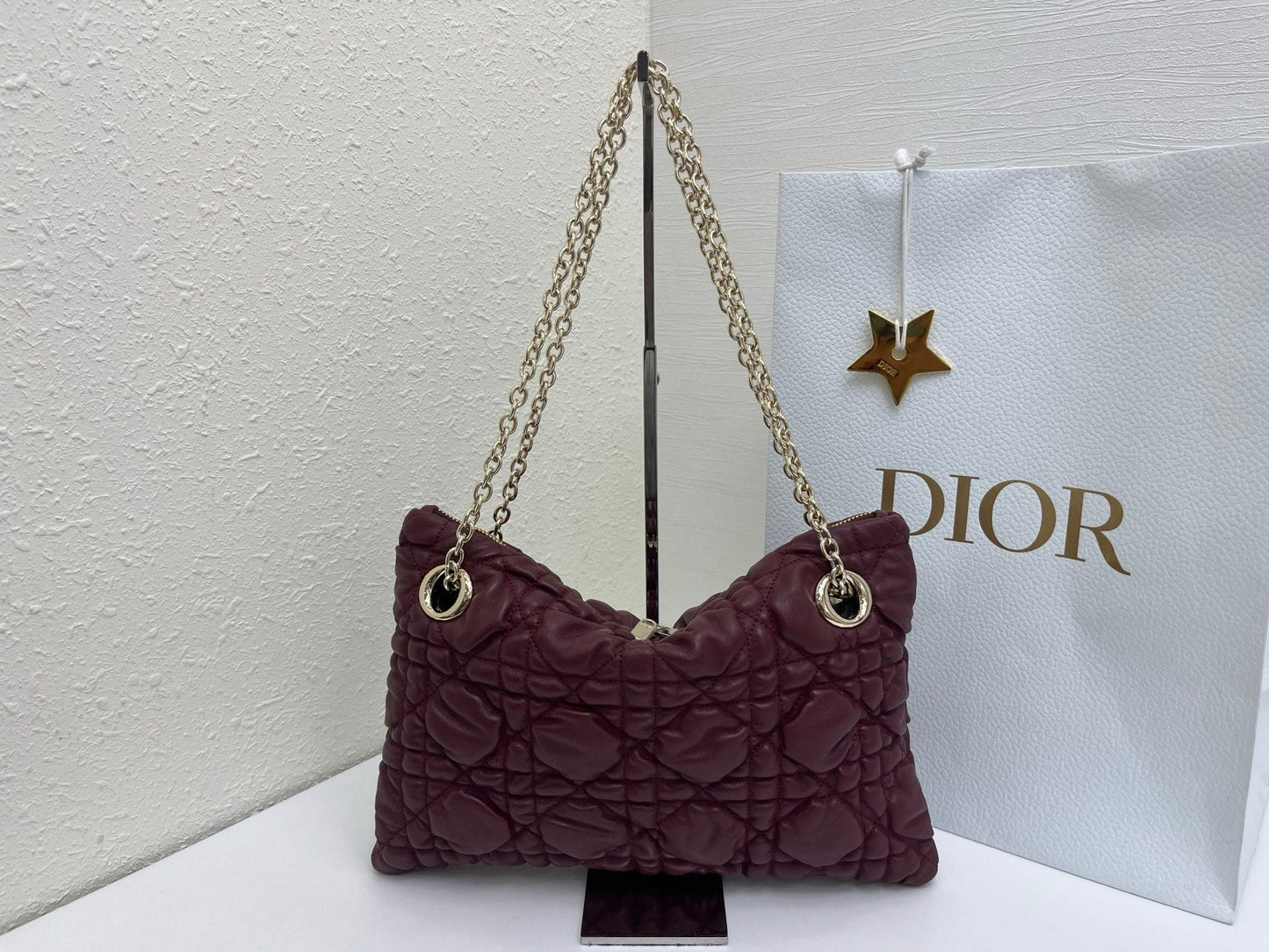 CD Small Cannage Quilted Tote Bag Burgundy Cowhide 158102