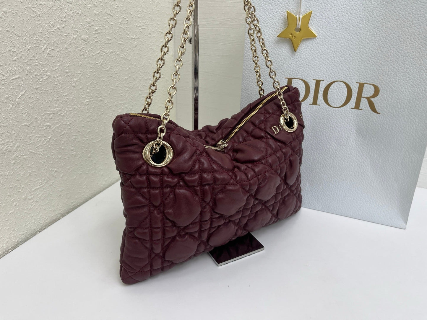 CD Small Cannage Quilted Tote Bag Burgundy Cowhide 158102