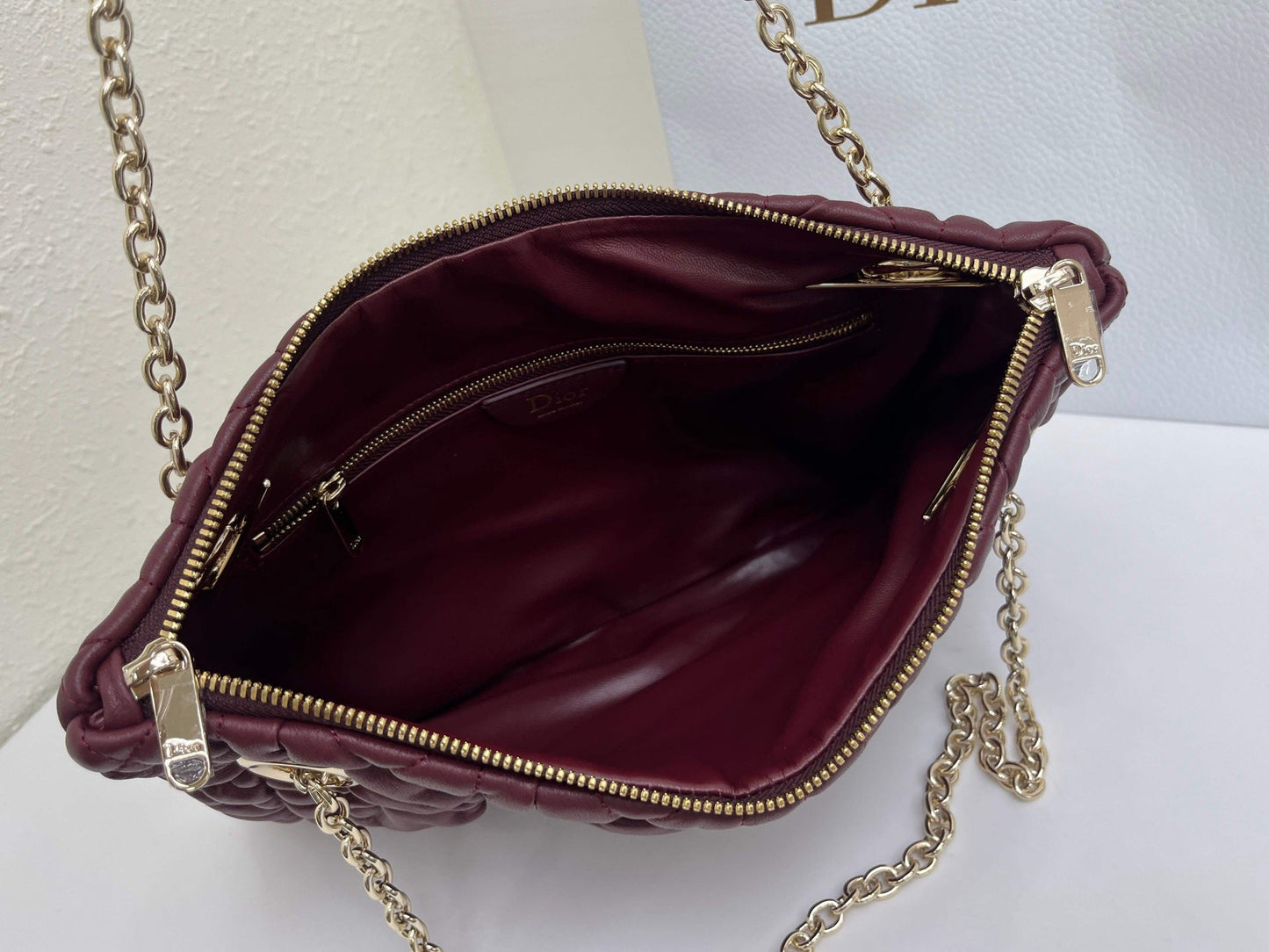 CD Small Cannage Quilted Tote Bag Burgundy Cowhide 158102