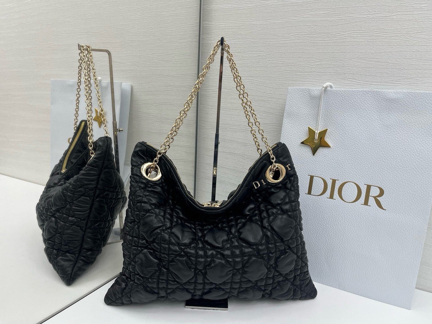 CD Small Cannage Quilted Tote Bag Black Cowhide 158103
