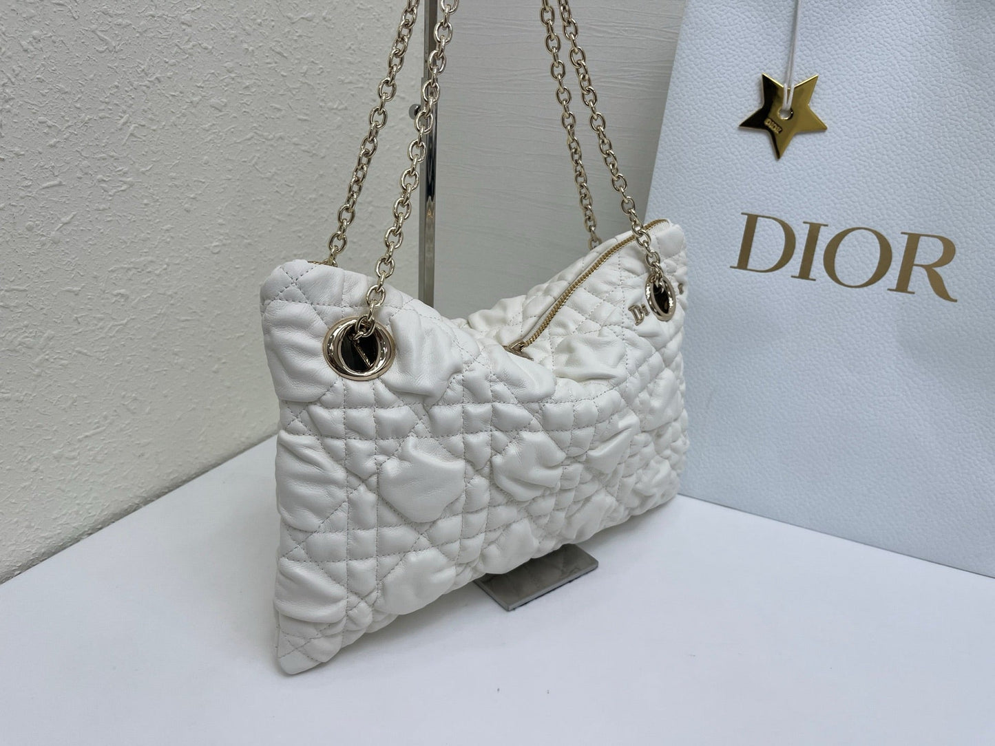 CD Small Cannage Quilted Tote Bag White Cowhide 158100