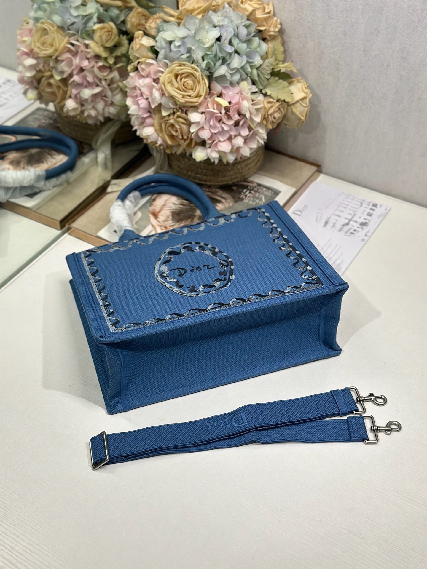 CD Medium Dioriviera Book Tote Blue Embroidered Canvas 158042