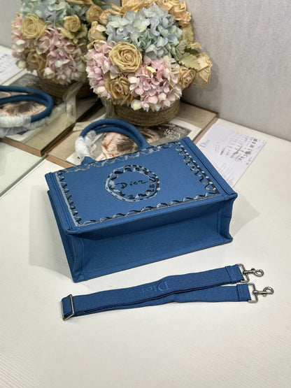 CD Medium Dioriviera Book Tote Blue Embroidered Canvas 158042