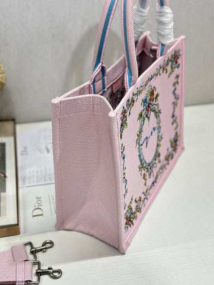 CD Medium Dioriviera Book Tote Pink Embroidered Canvas 158040