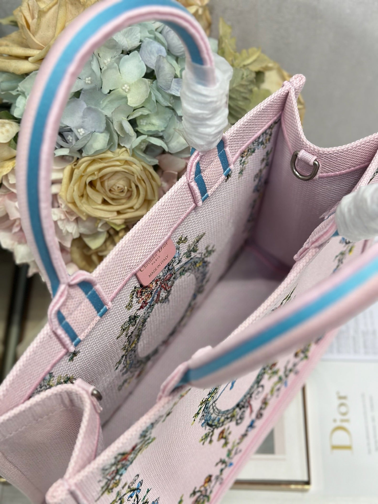 CD Medium Dioriviera Book Tote Pink Embroidered Canvas 158040