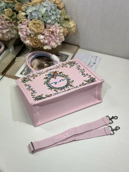 CD Medium Dioriviera Book Tote Pink Embroidered Canvas 158040