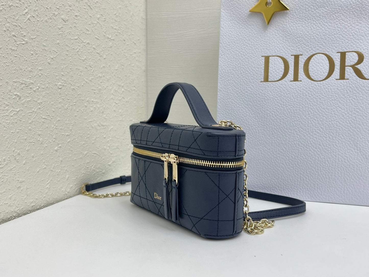 CD Cannage Vanity Chain Bag 19cm Navy Cowhide 158124