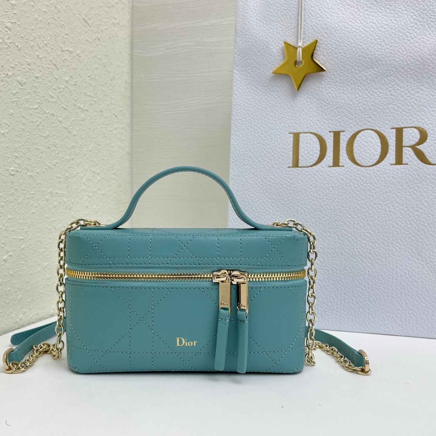 CD Cannage Vanity Chain Bag 19cm Turquoise Blue Cowhide 158123