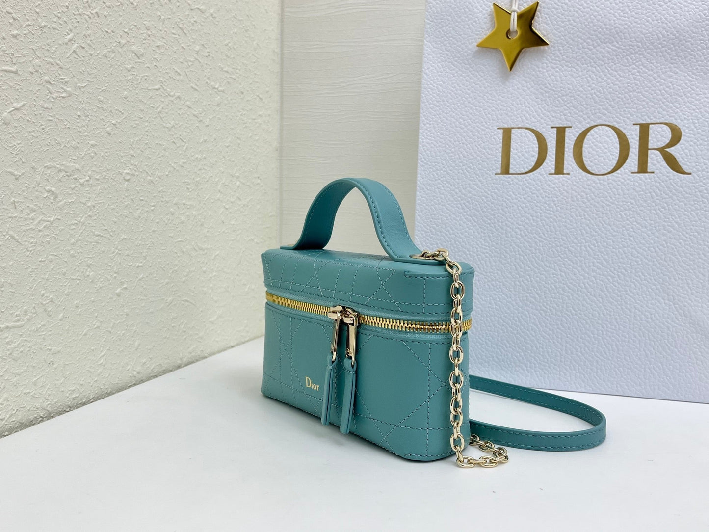 CD Cannage Vanity Chain Bag 19cm Turquoise Blue Cowhide 158123