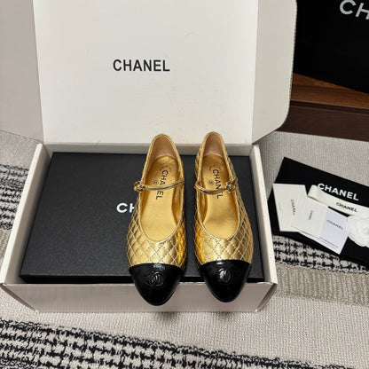 CC 25SS Mary Jane Quilted Gold Black Metallic Lambskin Leather 862425