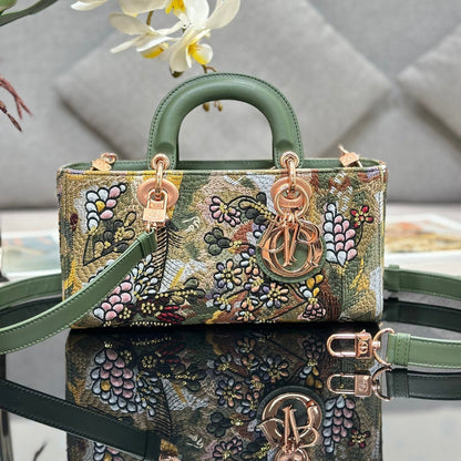 CD Lady D-Joy Sage 26cm Green Floral Embroidered Leather RGHW 158656