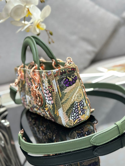 CD Lady D-Joy Sage 26cm Green Floral Embroidered Leather RGHW 158656