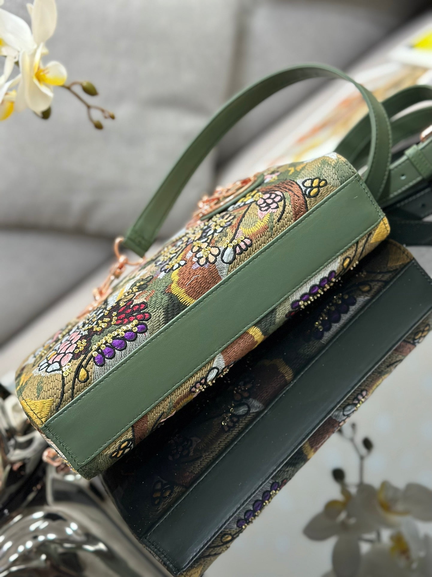 CD Lady D-Joy Sage 26cm Green Floral Embroidered Leather RGHW 158656