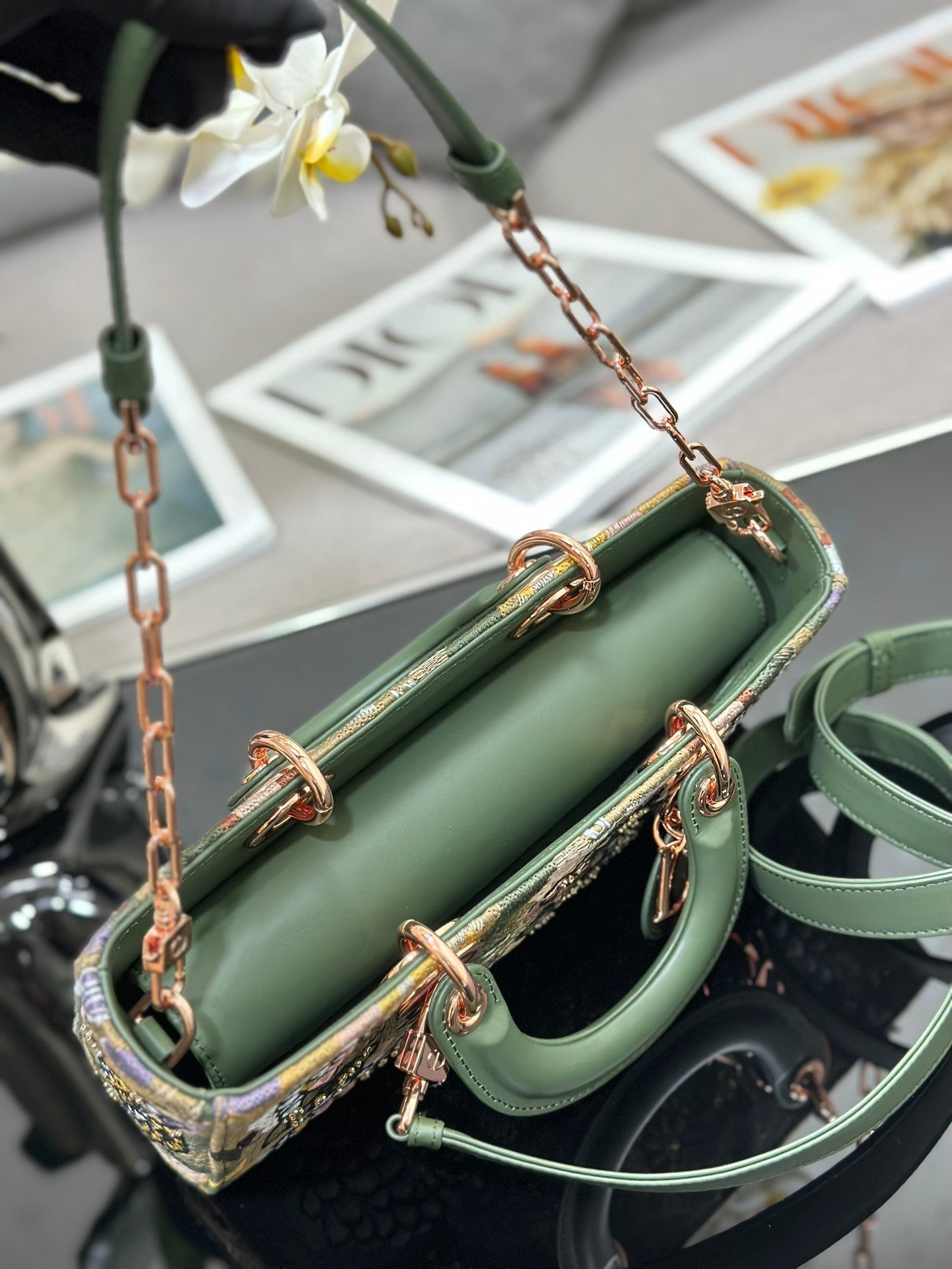 CD Lady D-Joy Sage 26cm Green Floral Embroidered Leather RGHW 158656