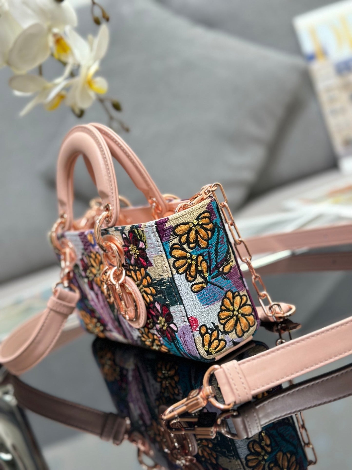 CD Lady D-Joy Sage 26cm Pink Floral Embroidered Leather RGHW 158576
