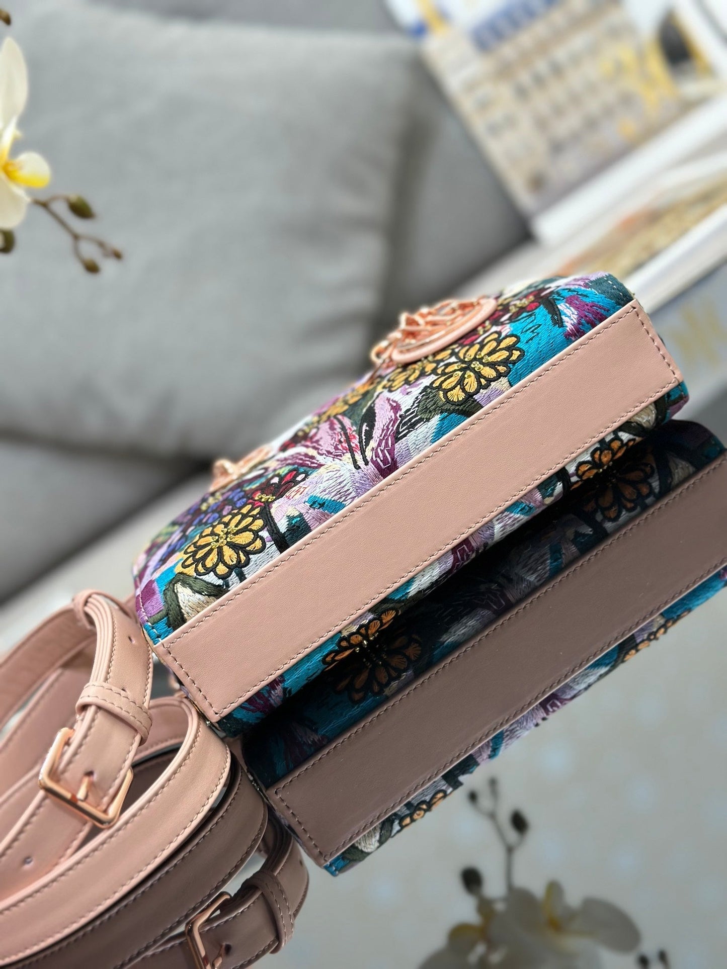 CD Lady D-Joy Sage 26cm Pink Floral Embroidered Leather RGHW 158576