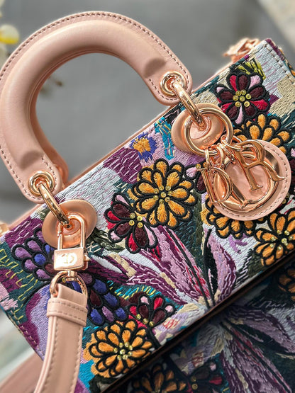 CD Lady D-Joy Sage 26cm Pink Floral Embroidered Leather RGHW 158576