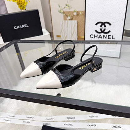 CC Crocodile-Embossed Slingback Flats Black Cowhide Leather 873863