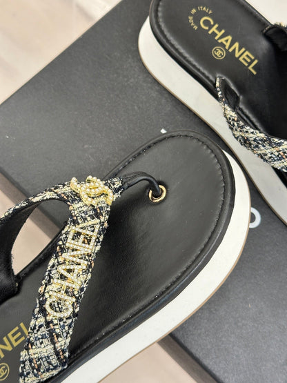 CC Crystal Logo Platform Thong Sandals Black Tweed 887786