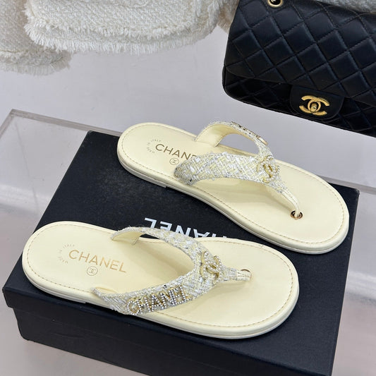 CC Crystal Logo Platform Thong Sandals Flat Light Yellow Tweed 887778