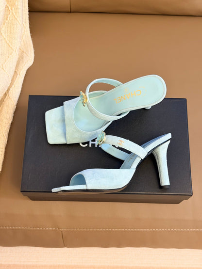 CC 26A Camellia Double C Square Toe Mules 10cm Mint Blue Suede 888705