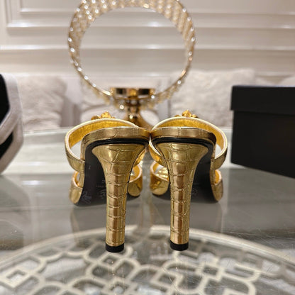 CC 26A Camellia Double C Square Toe Mules 10cm Gold Stone-Grain Cowhide 890672