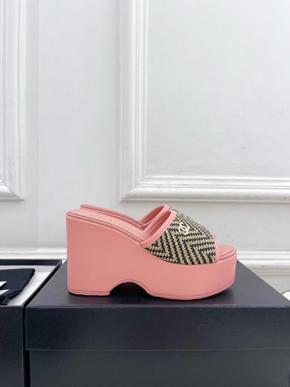 CC Double C Platform Wedge Mules 10cm Pink Tweed 891786