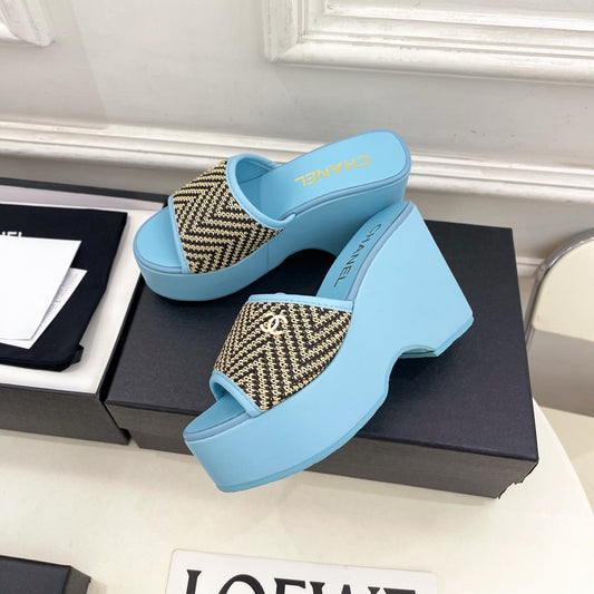 CC Double C Platform Wedge Mules 10cm Blue Tweed 891785