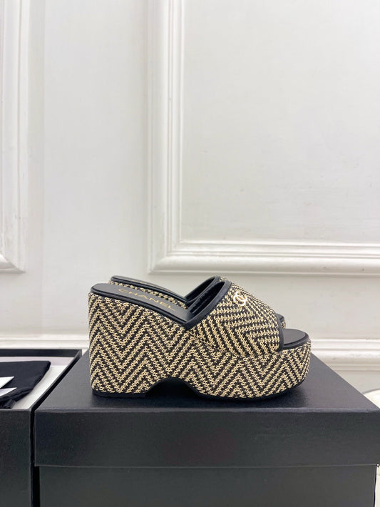 CC Double C Platform Wedge Mules 10cm Black Tweed 891783
