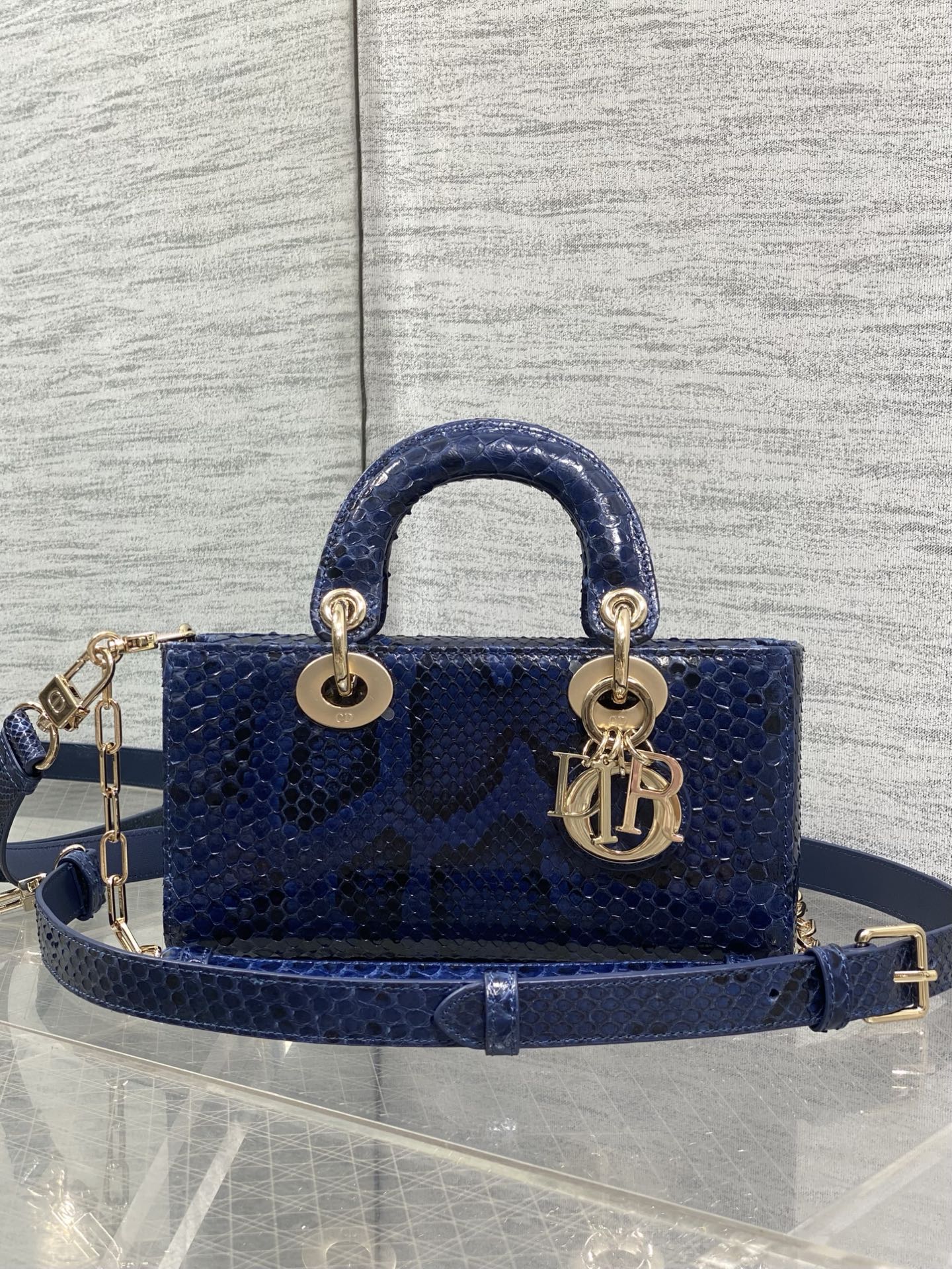 CD Lady D-Joy Bag 22cm Navy Snakeskin Leather GHW 160000
