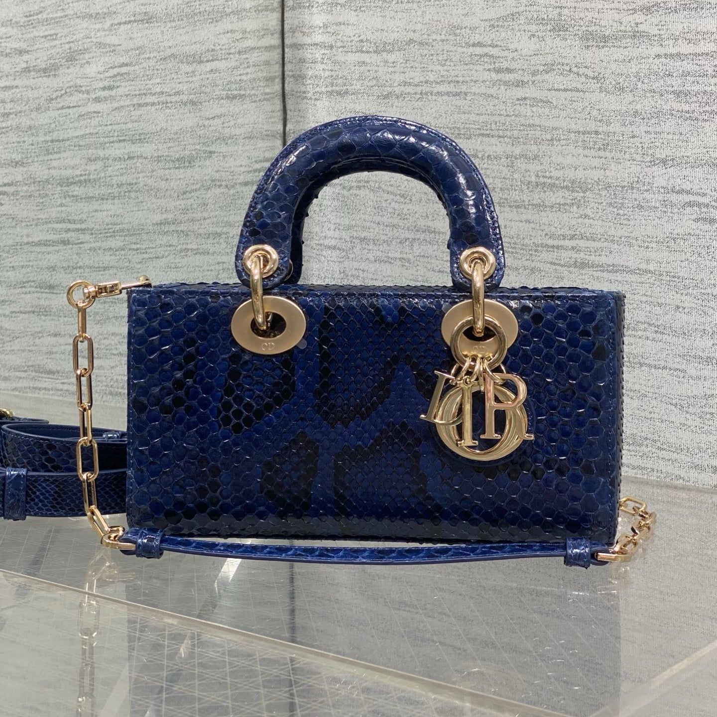 CD Lady D-Joy Bag 22cm Navy Snakeskin Leather GHW 160000
