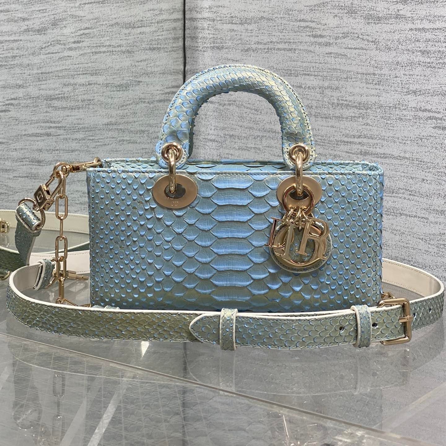 CD Lady D-Joy Bag 22cm Blue Snakeskin Leather GHW 159998