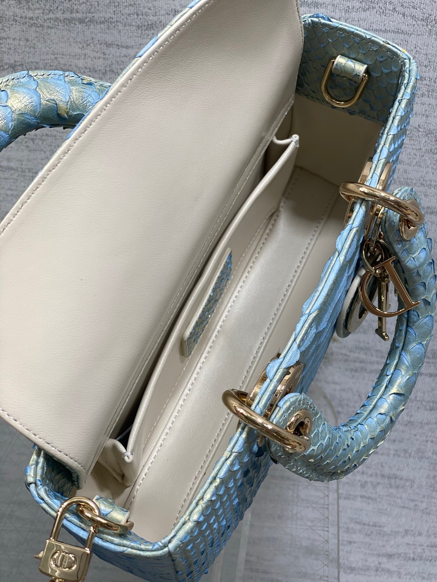 CD Lady D-Joy Bag 22cm Blue Snakeskin Leather GHW 159998