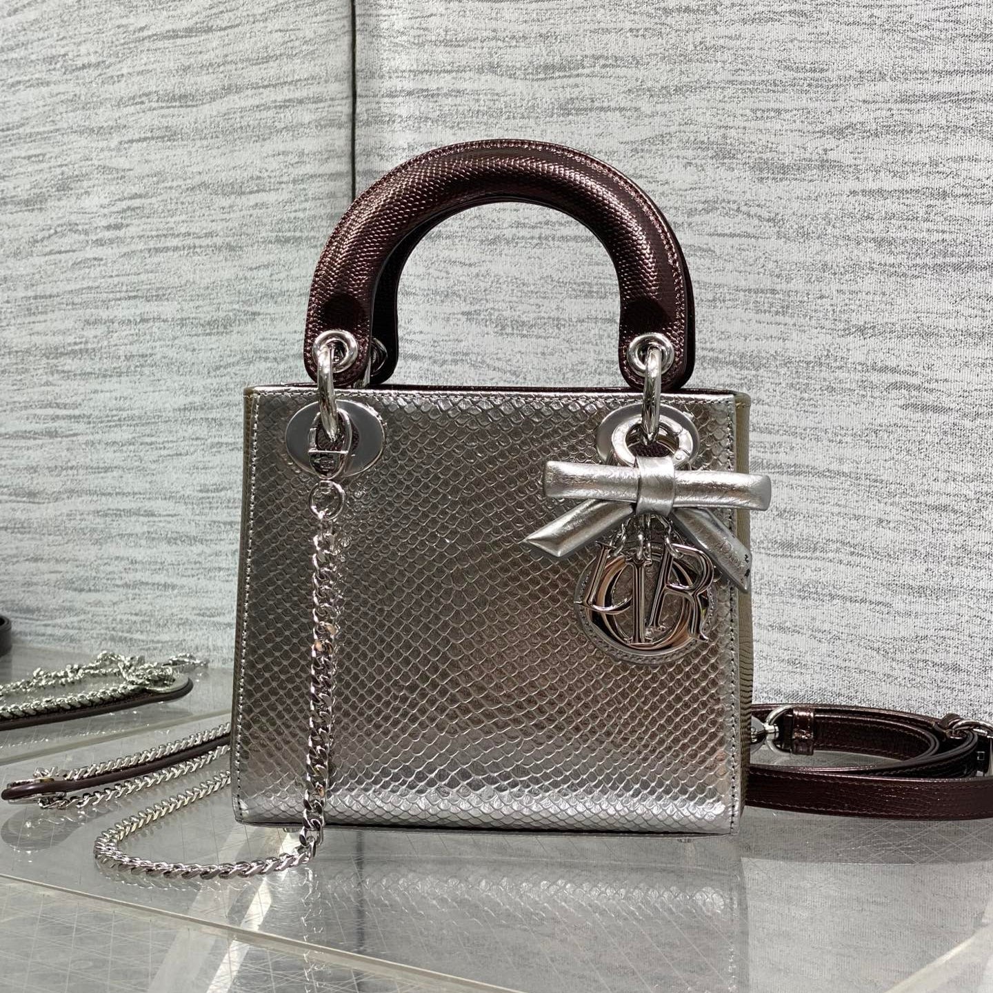 CD Mini Lady Dior Bag 17cm Metallic Bronze Snakeskin Leather SHW 160001