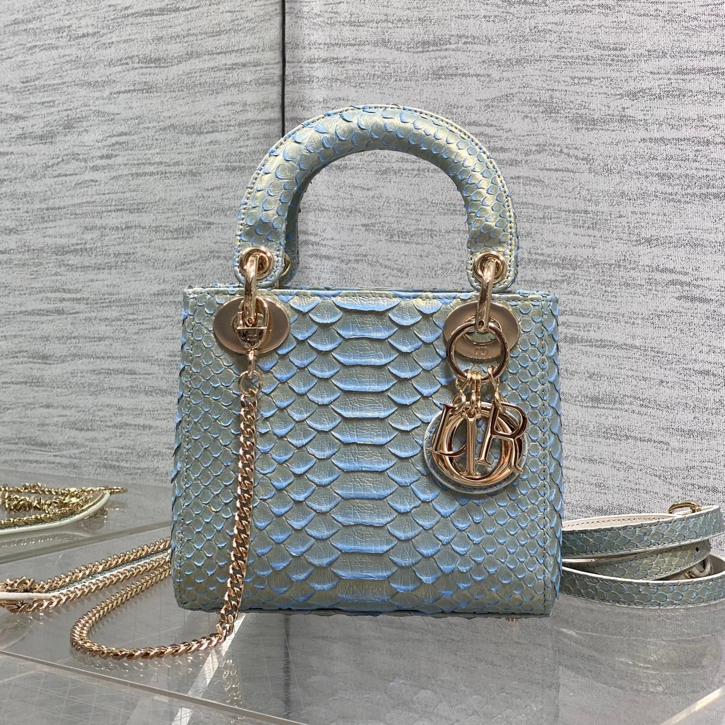 CD Mini Lady Dior Bag 17cm Blue Snakeskin Leather GHW 159996