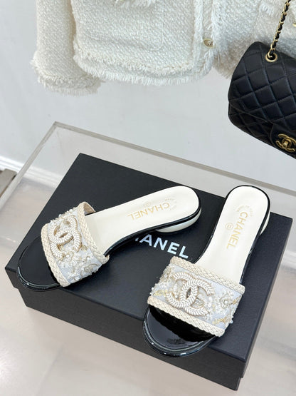 CC Pearl Heel Beaded Embroidered Slides White Lambskin 904677