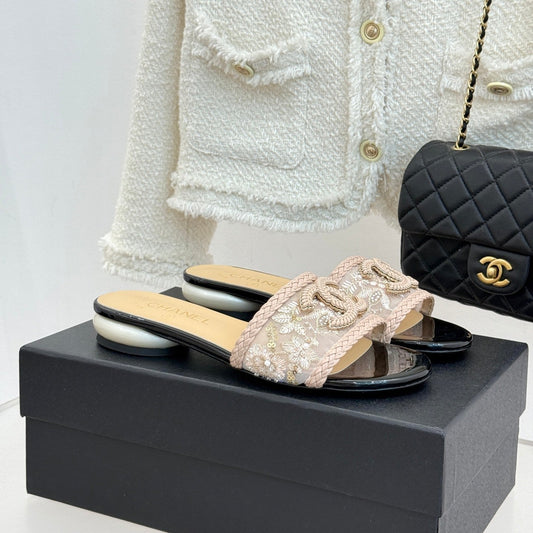 CC Pearl Heel Beaded Embroidered Slides Beige Lambskin 904676