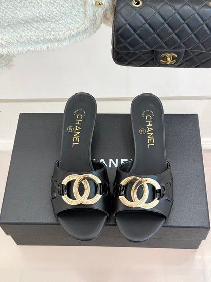 CC Flared Heel Mules Black Lambskin Leather 904665